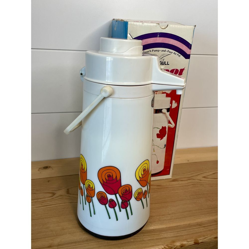 VTG Sea Gull 2QT Tulip Rose Thermal Hot Cold Air Pump Coffee Dispenser Retro NIB
